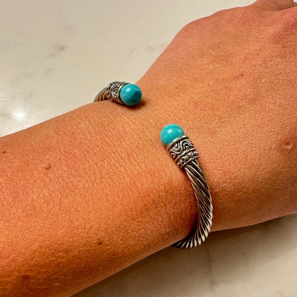 Silver Cable Bracelet with Faux Turquoise - Adjustable Silver Tone Cable Cuff - Picture 12 of 13